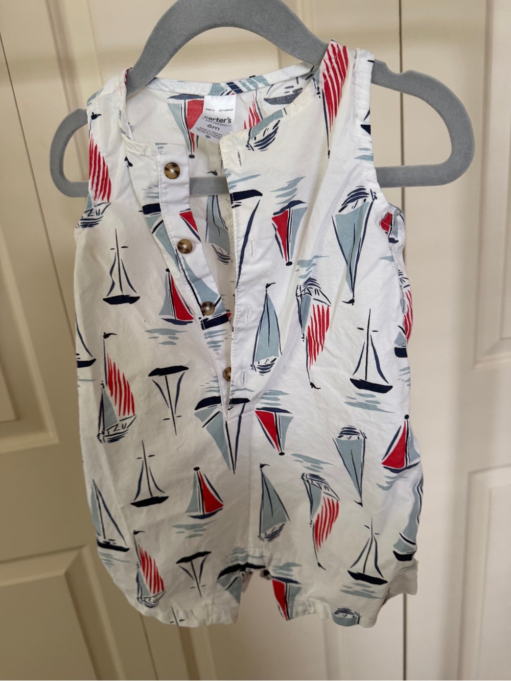 6 Month Infant Nautical Print One Piece - White with Red & Blue Sails
